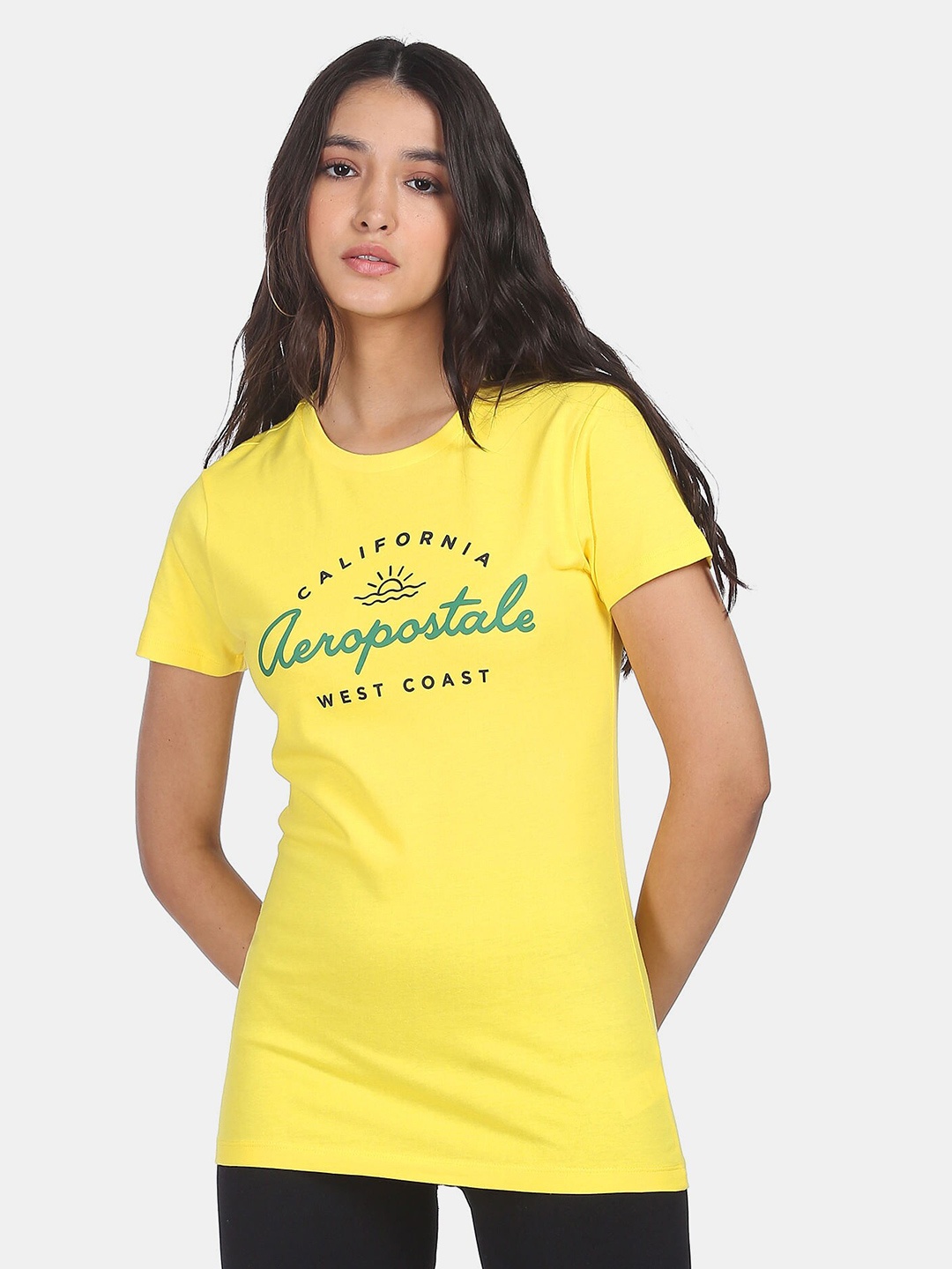 

Aeropostale Women Yellow Typography Printed T-shirt