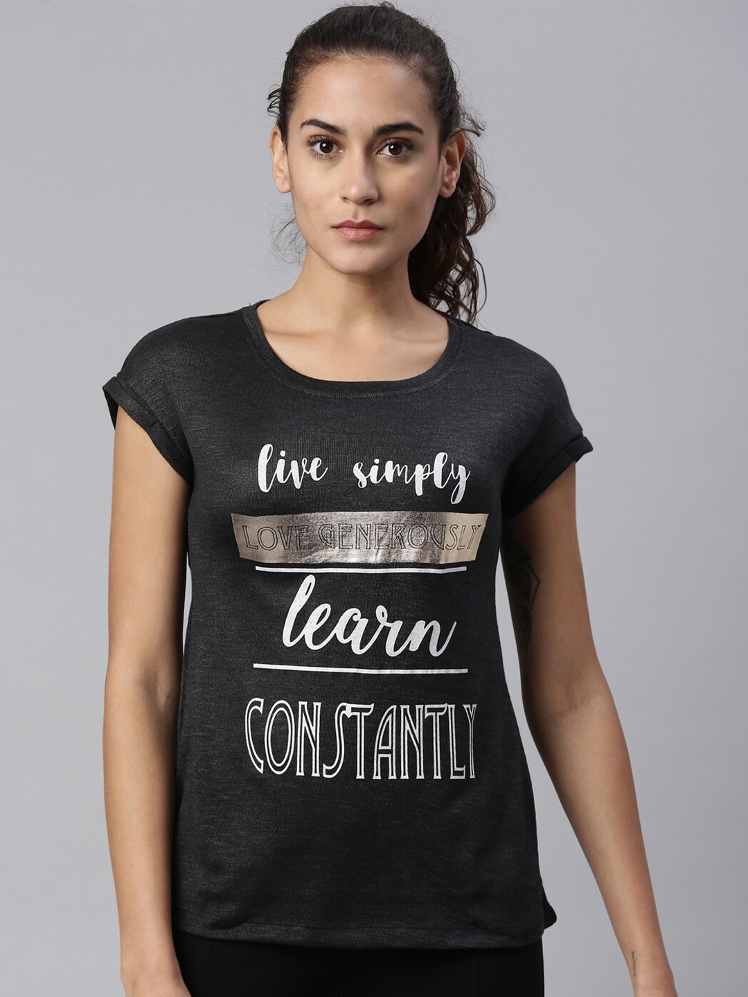 

LAYA Women Black Typography Printed T-shirt