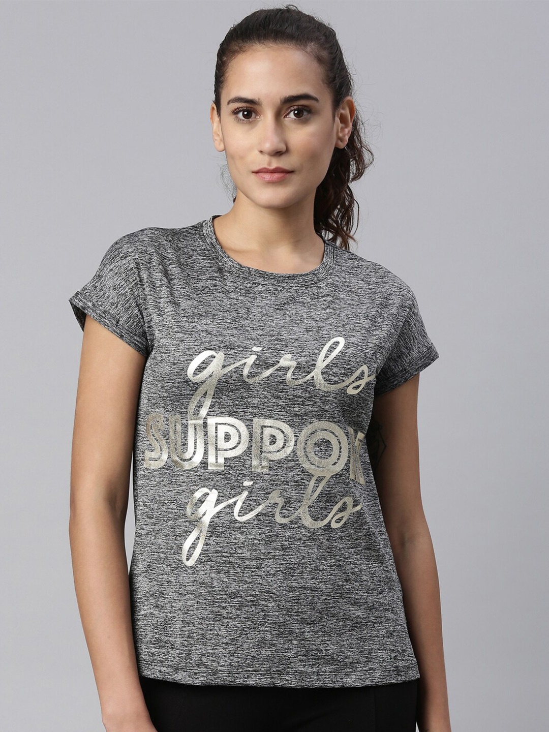 

LAYA Women Charcoal Typography Printed T-shirt