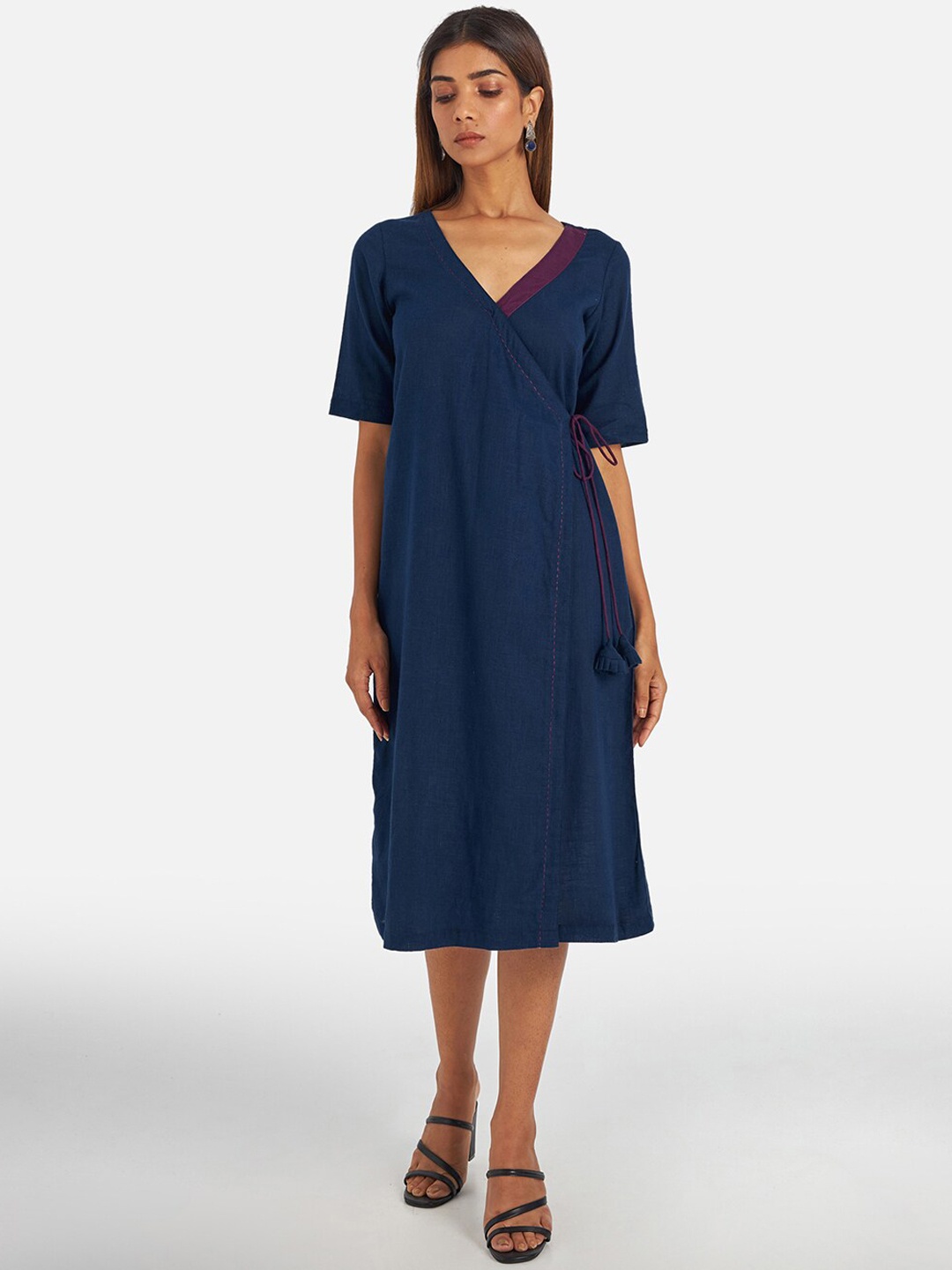 

Suta Navy Blue V-Neck Wrap Ethnic Dress