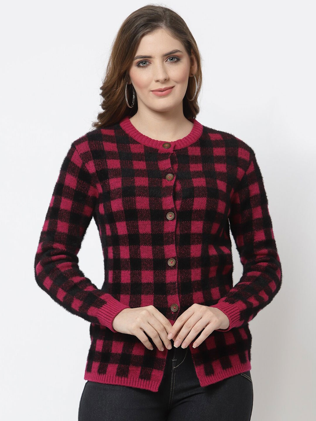 

Kalt Women Magenta & Black Checked Cardigan