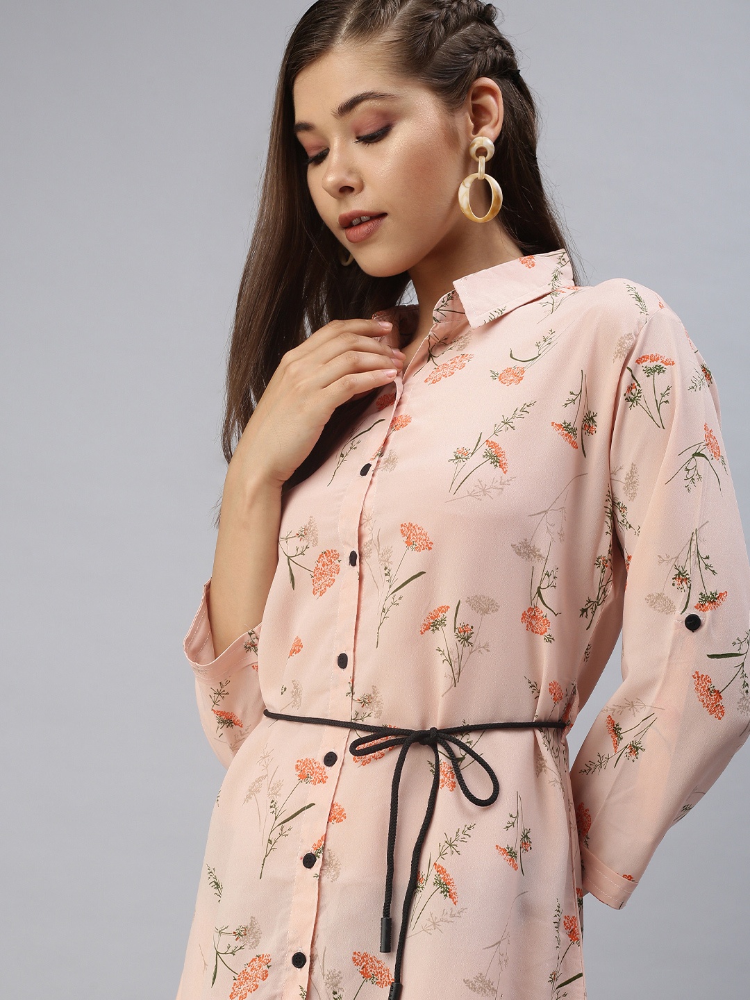 

SHOWOFF Women Peach-Coloured Floral Georgette Shirt Dress