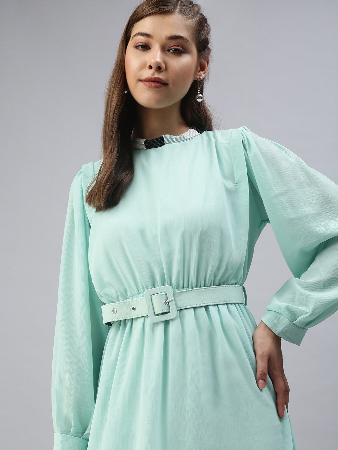 

SHOWOFF Women Sea Green Belted Blouson Dress