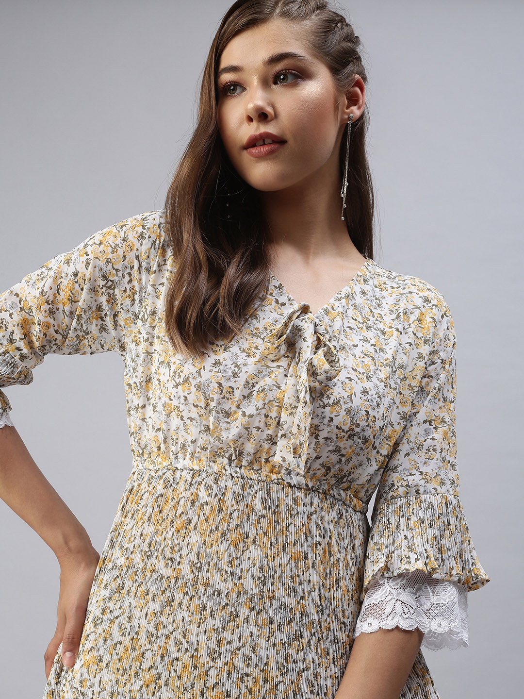 

SHOWOFF Women Off White Floral Tie-Up Neck Dress