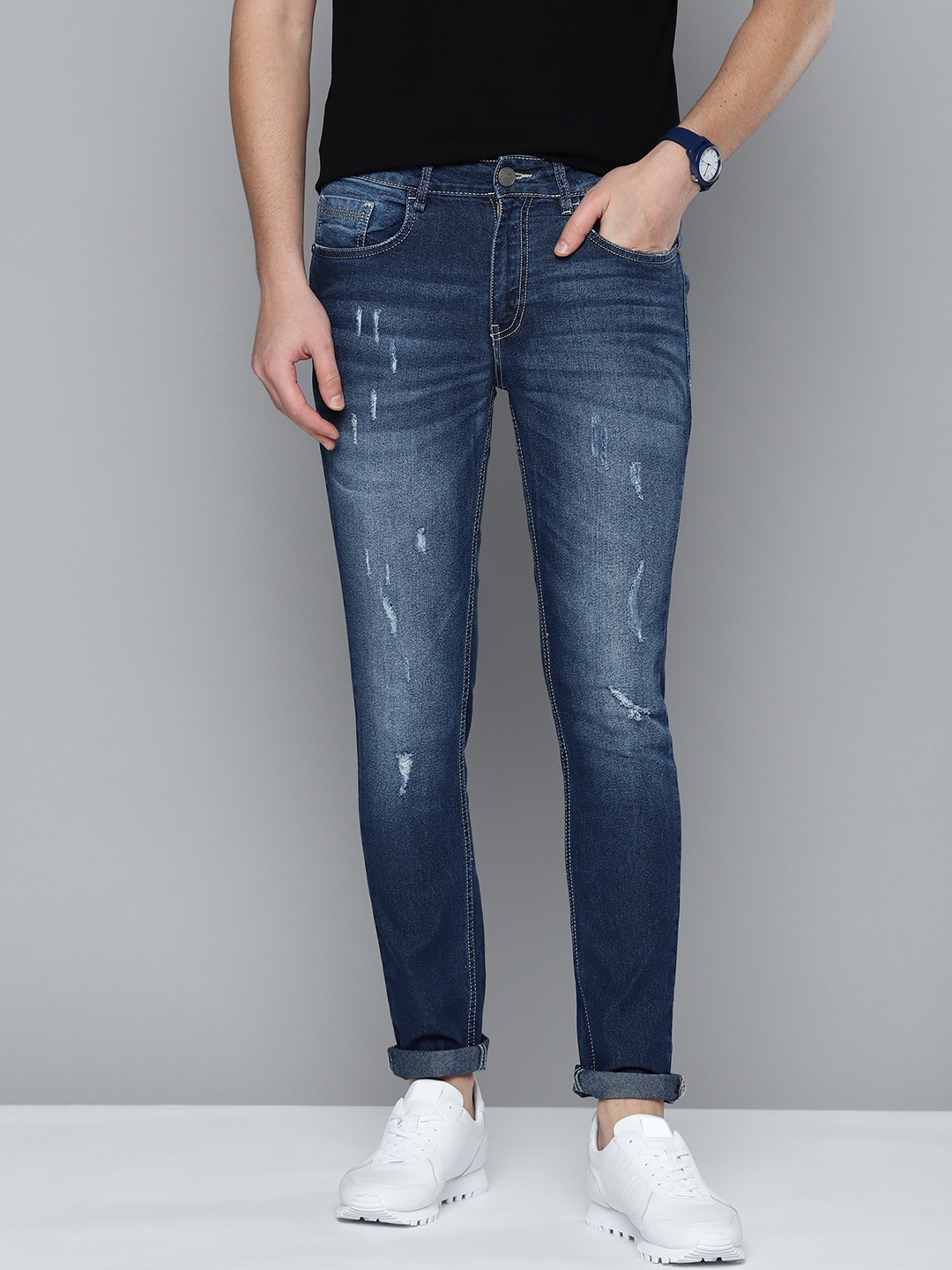 

Mast & Harbour Men Blue Skinny Fit Mildly Distressed Light Fade Stretchable Jeans