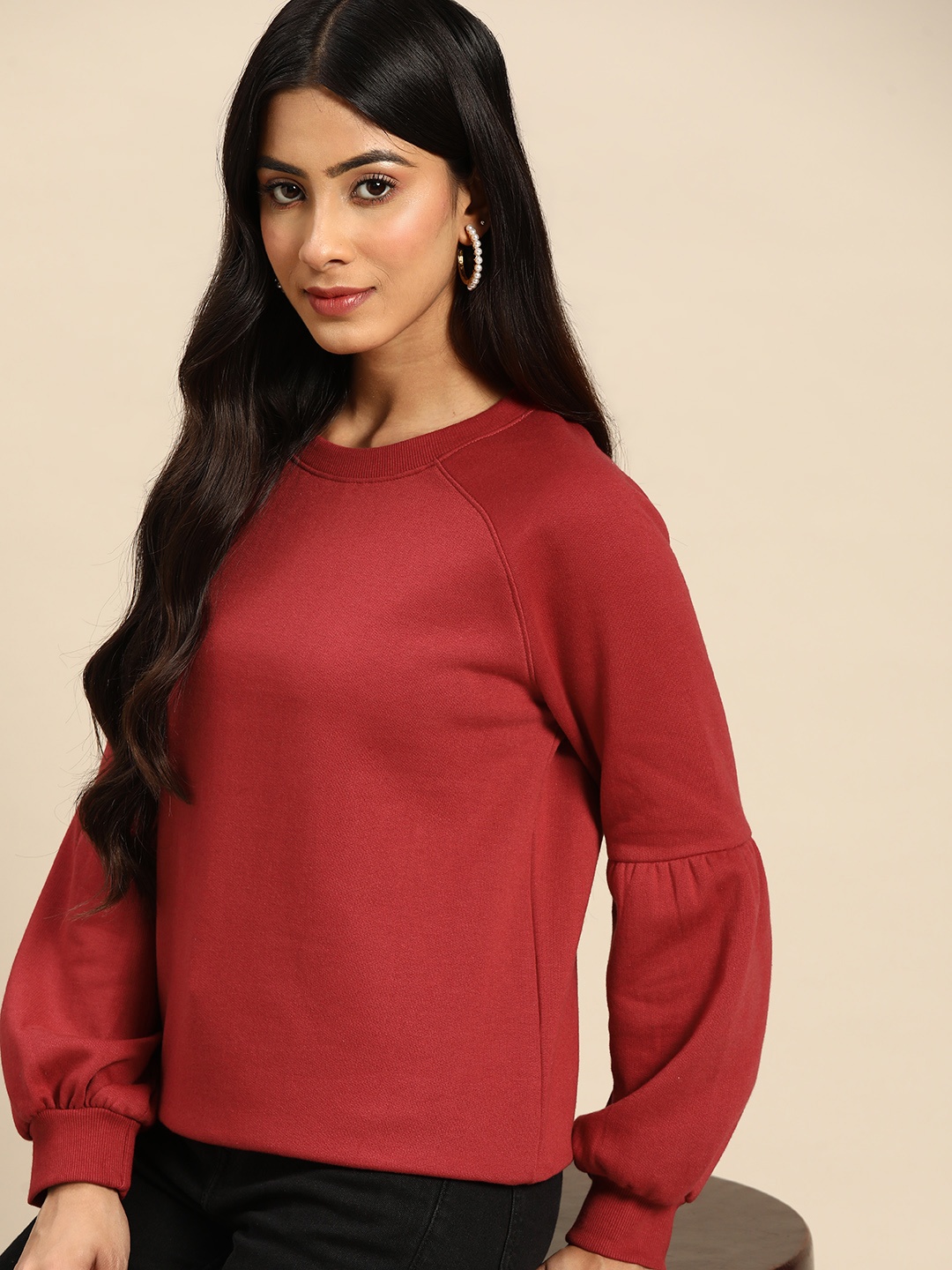 

all about you Women Red Solid Round Neck Sweatshirt