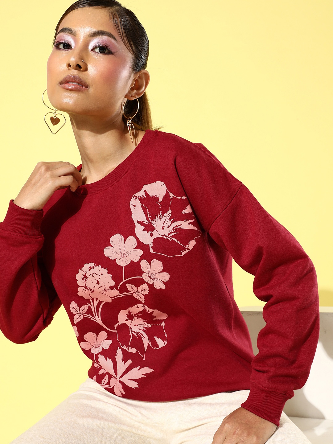 

all about you Women Red Floral Printed Long Sleeves Sweatshirt