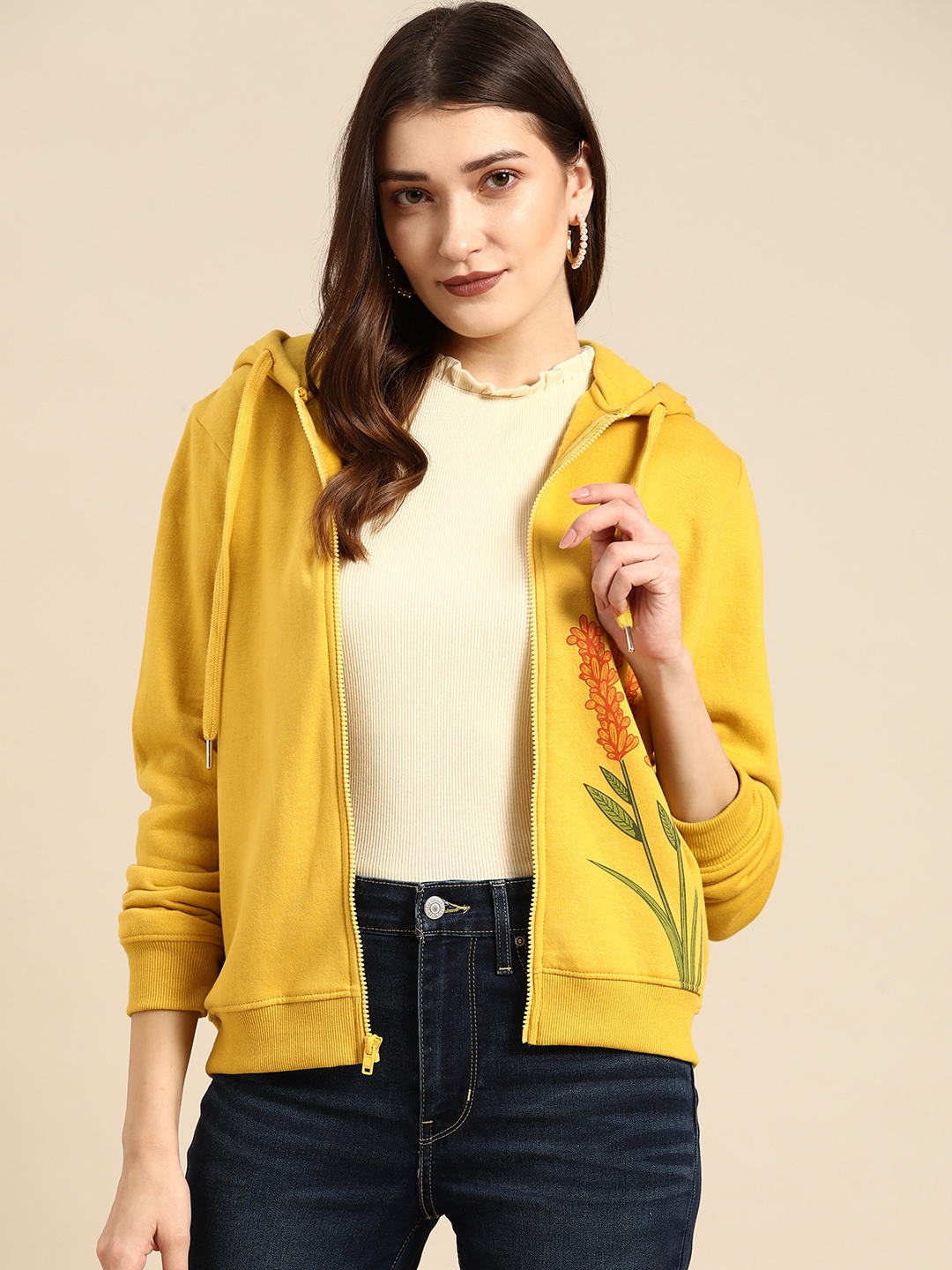 

all about you Women Mustard Yellow Floral Printed Hooded Sweatshirt