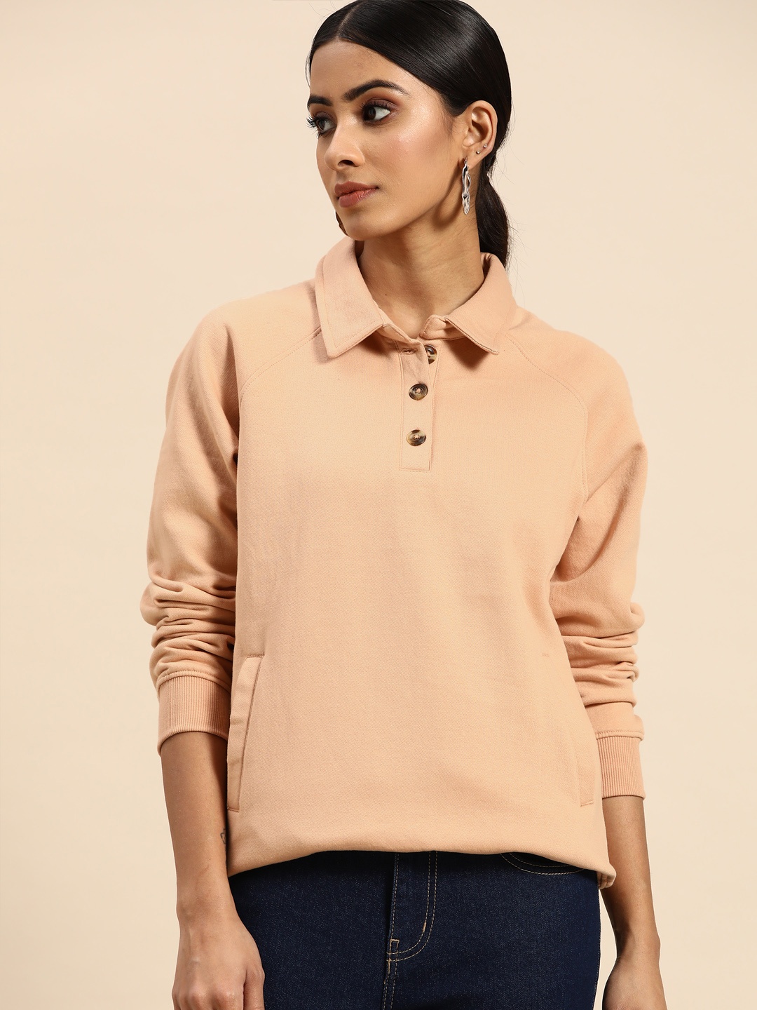 

all about you Women Beige Solid Raglan Sleeves Polo Sweatshirt