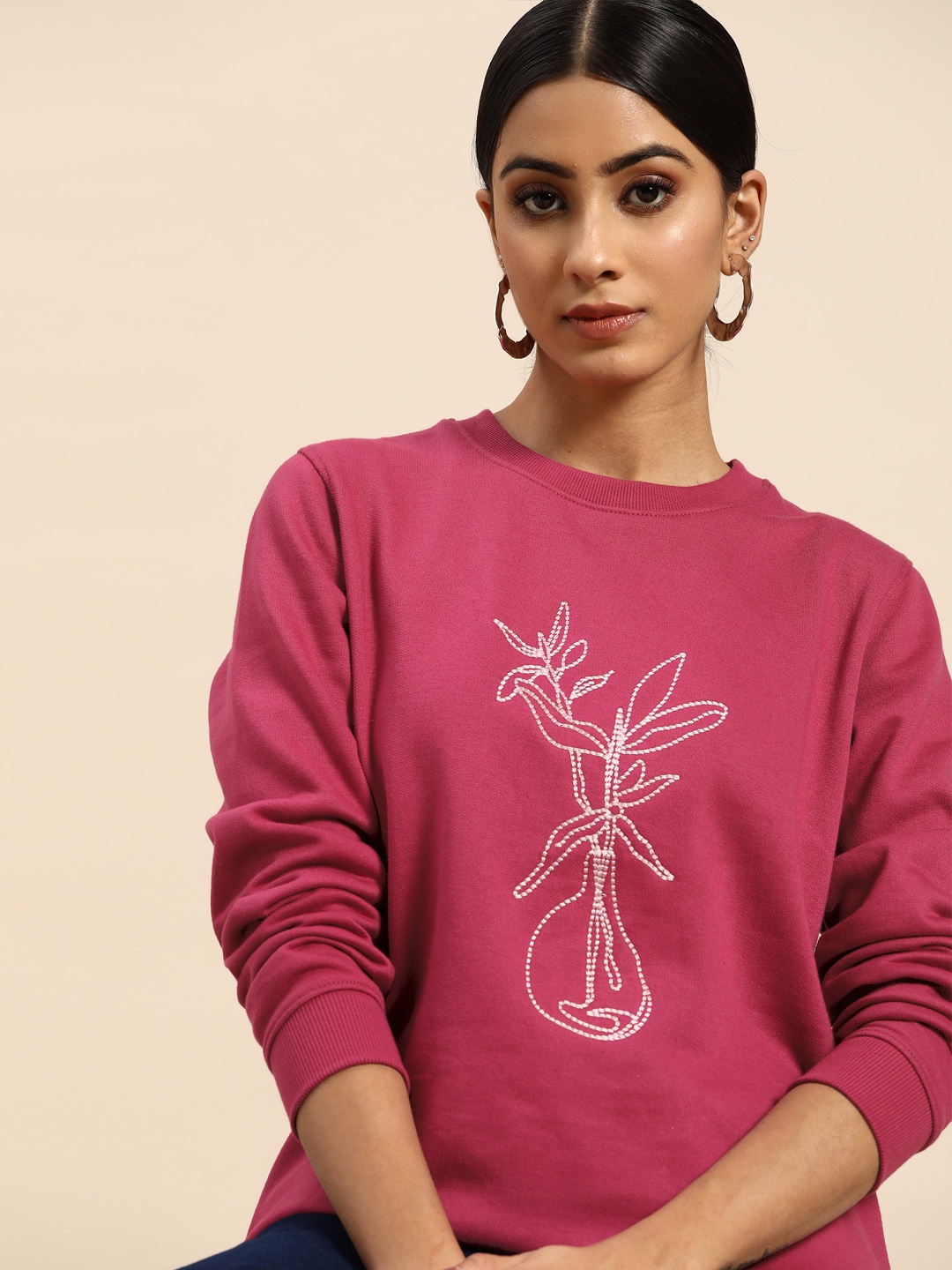 

all about you Women Pink Embroidered Sweatshirt