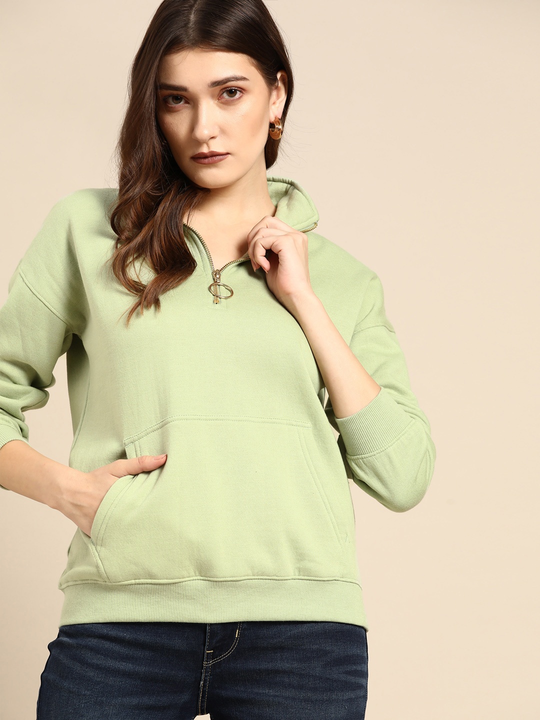 

all about you Women Sage Green Solid Sweatshirt