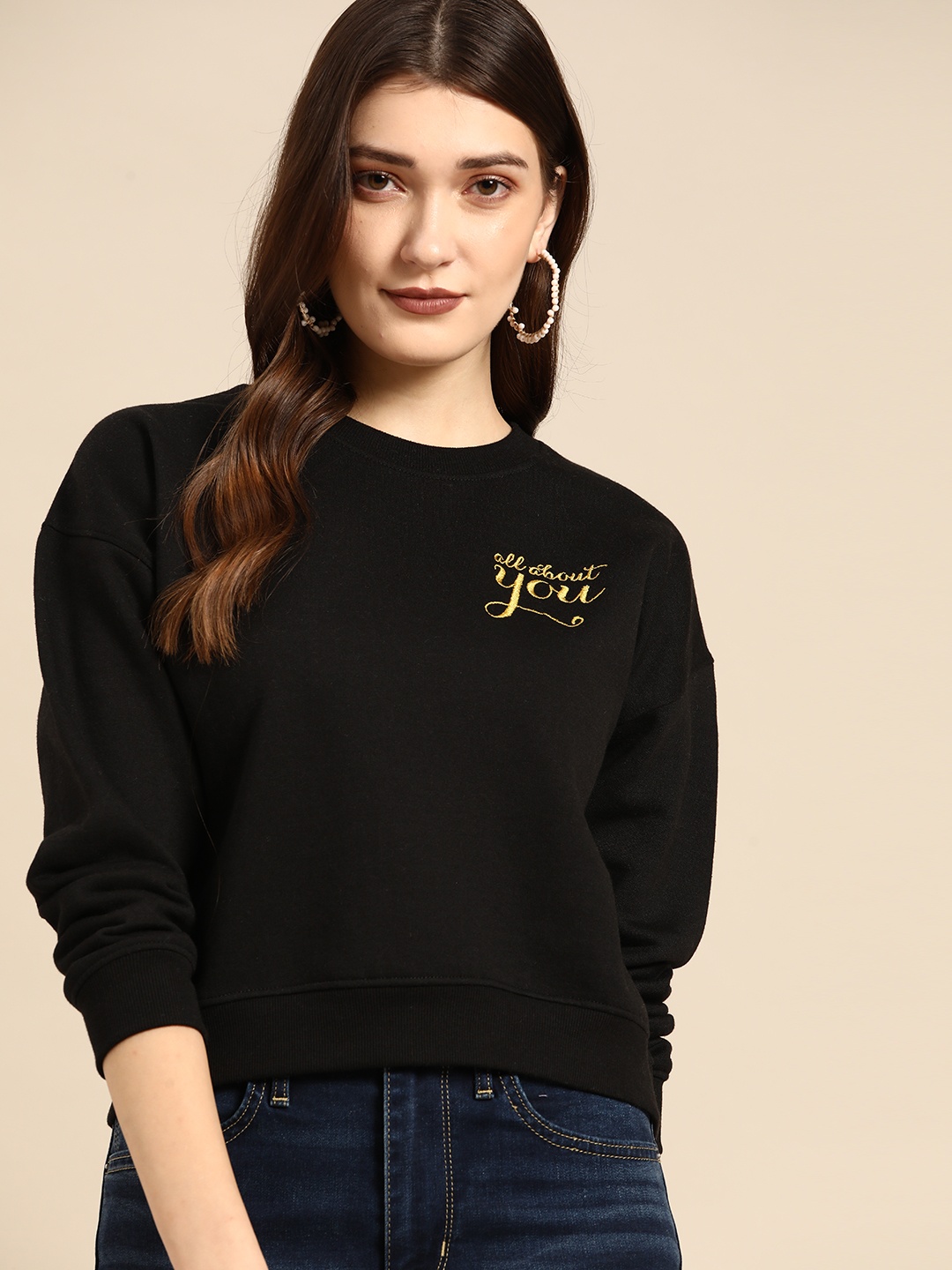 

all about you Women Black Solid Sweatshirt With Embroidered Detail