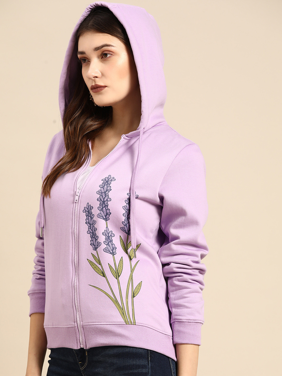 

all about you Women Lavender Floral Printed Hooded Sweatshirt