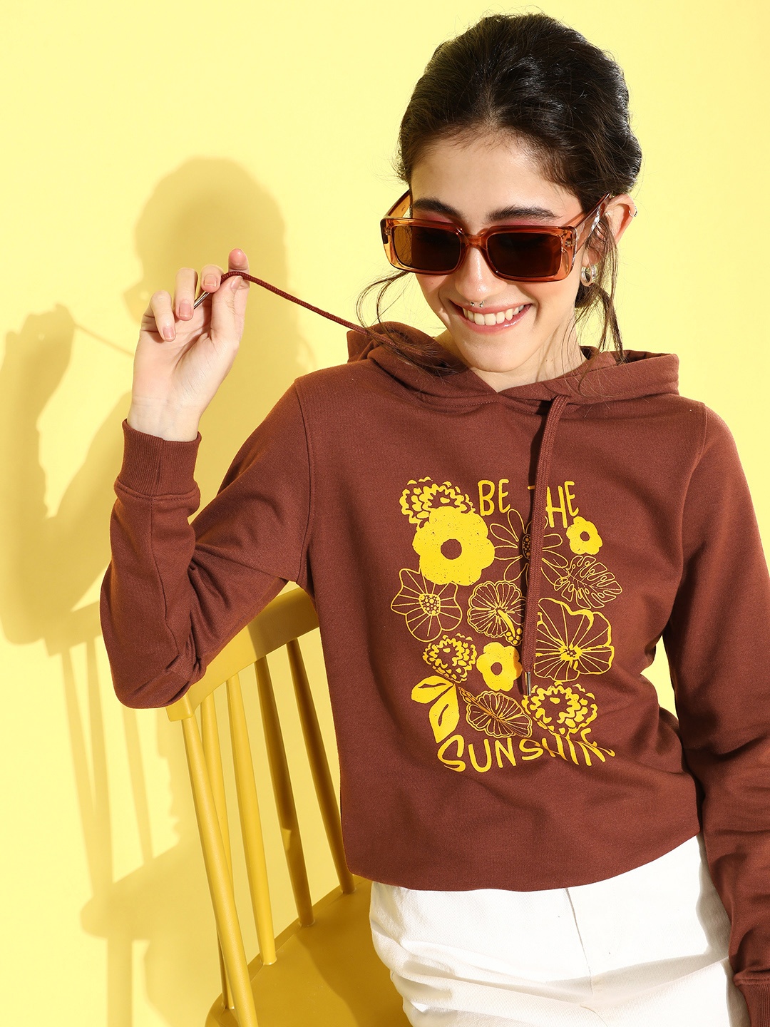 

all about you Women Brown Printed Hooded Sweatshirt