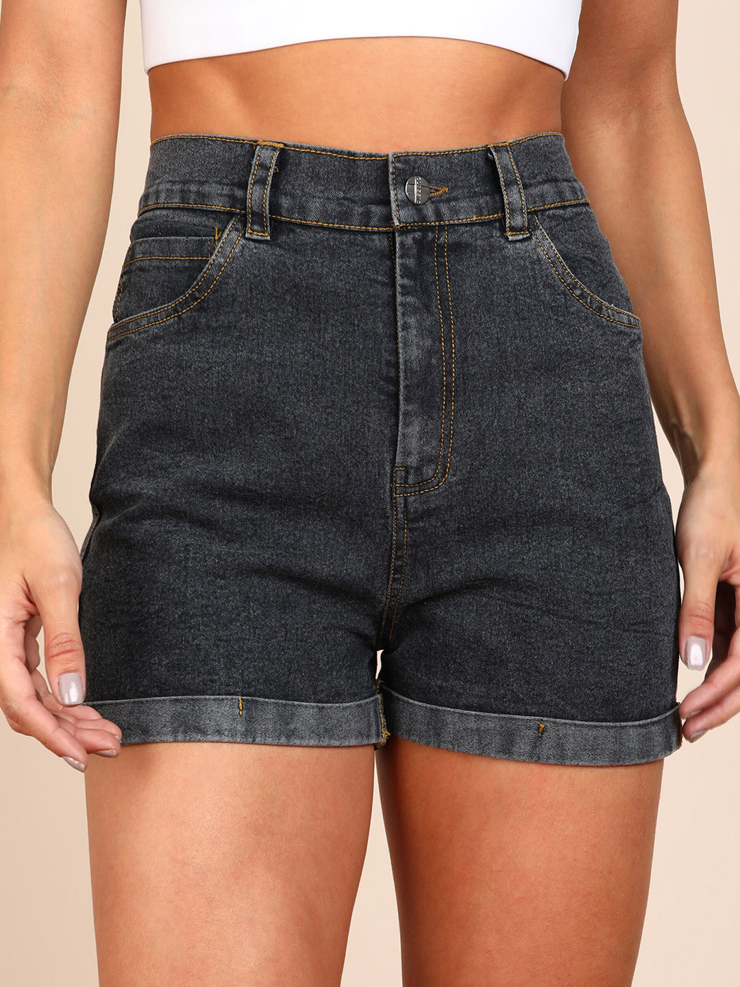 

MONTREZ Women Black High-Rise Denim Shorts