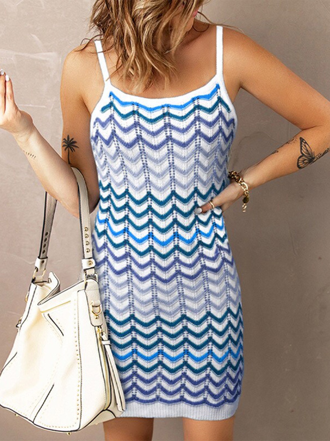 

BoStreet Blue & White Shoulder Strap Knitted Bodycon Midi Dress