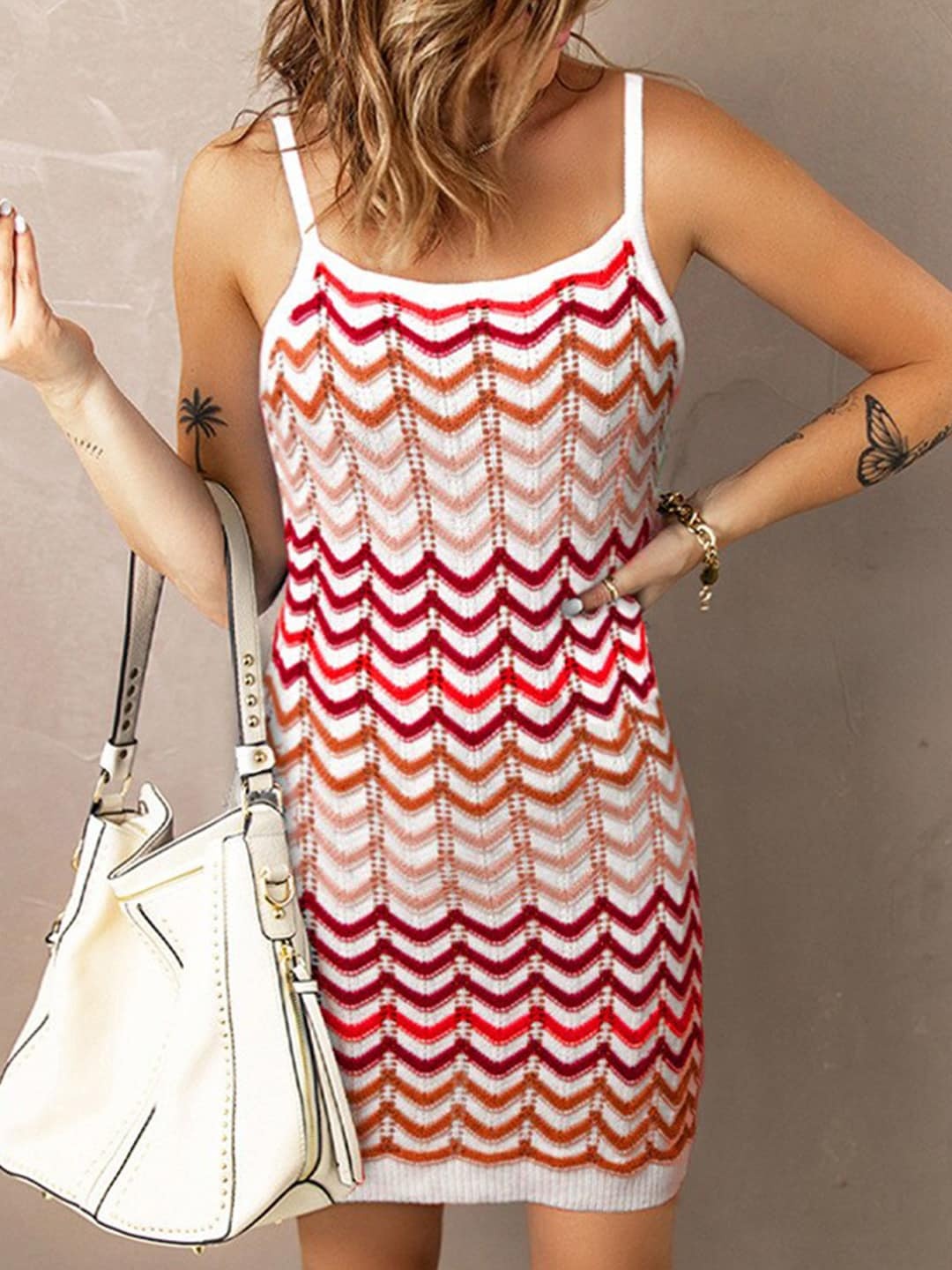 

BoStreet Red & White Shoulder Strap Knitted Bodycon Midi Dress