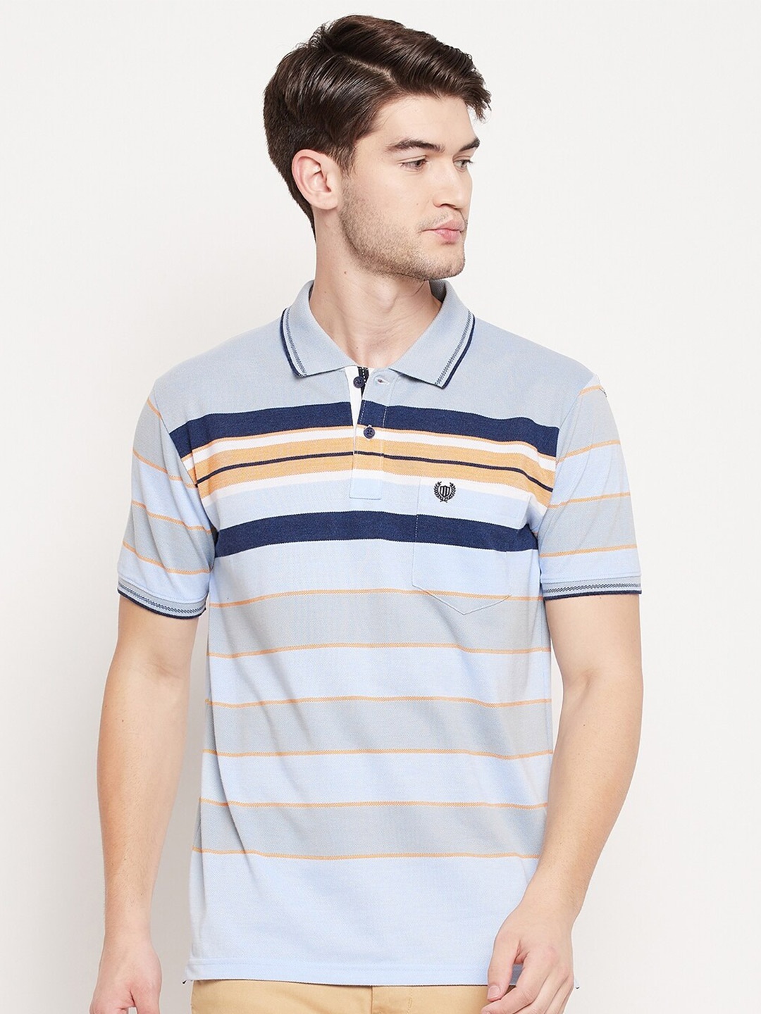 

Duke Men Grey Striped Polo Collar T-shirt