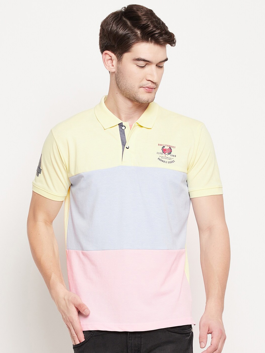 

Duke Men Yellow Colourblocked Polo Collar Slim Fit T-shirt