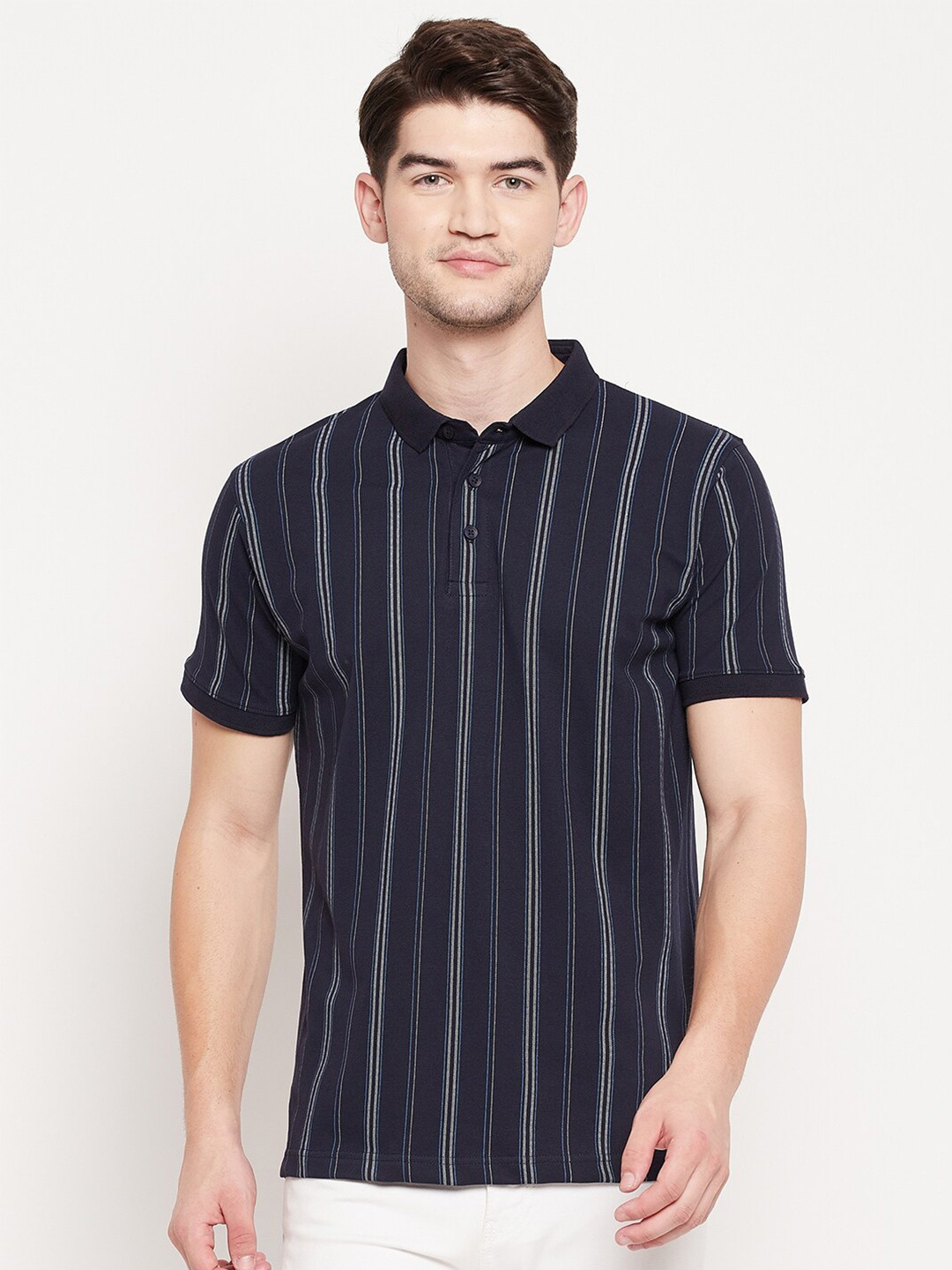 

Duke Men Blue Striped Polo Collar Slim Fit T-shirt