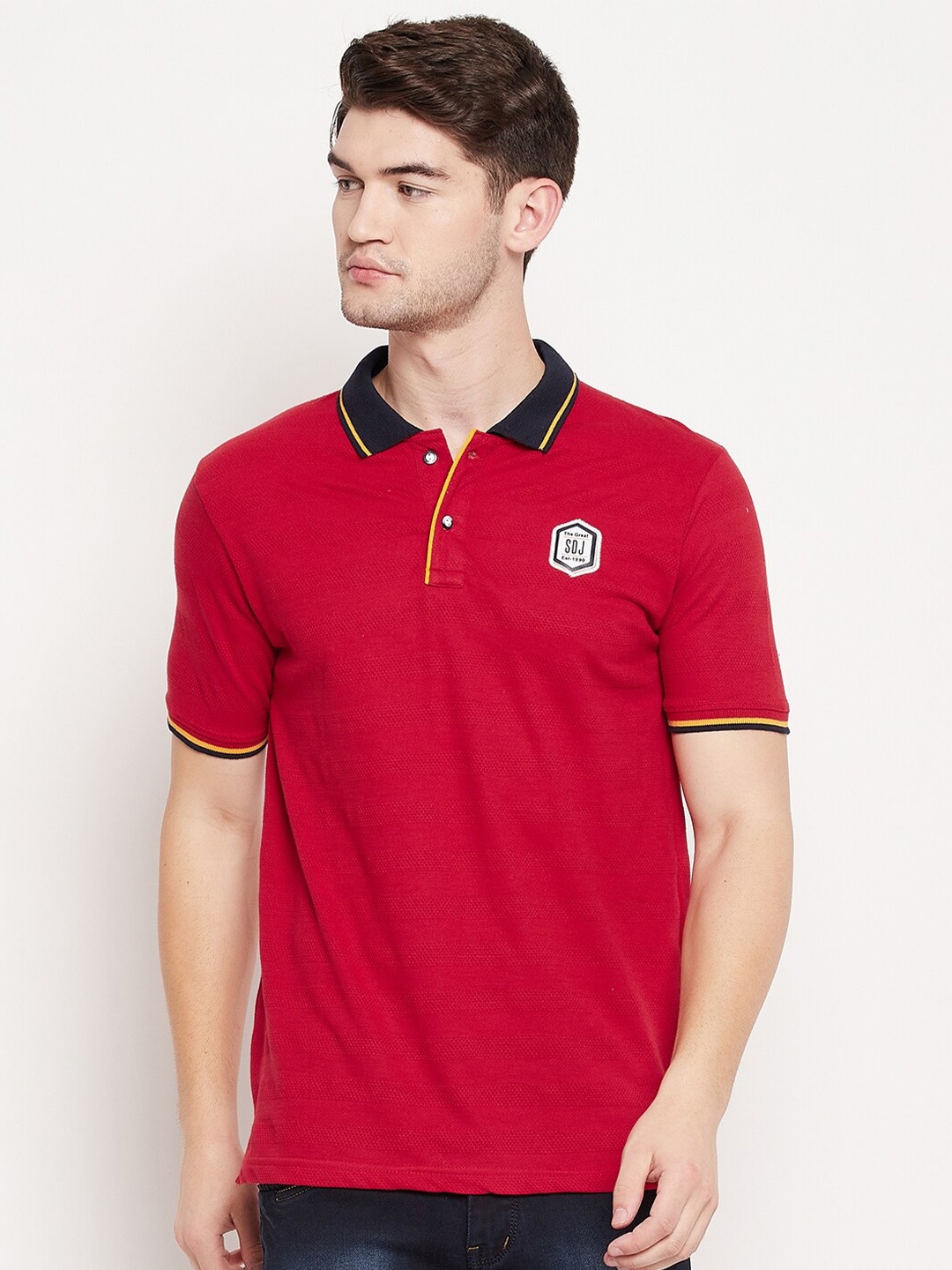 

Duke Men Red Polo Collar Applique Slim Fit T-shirt