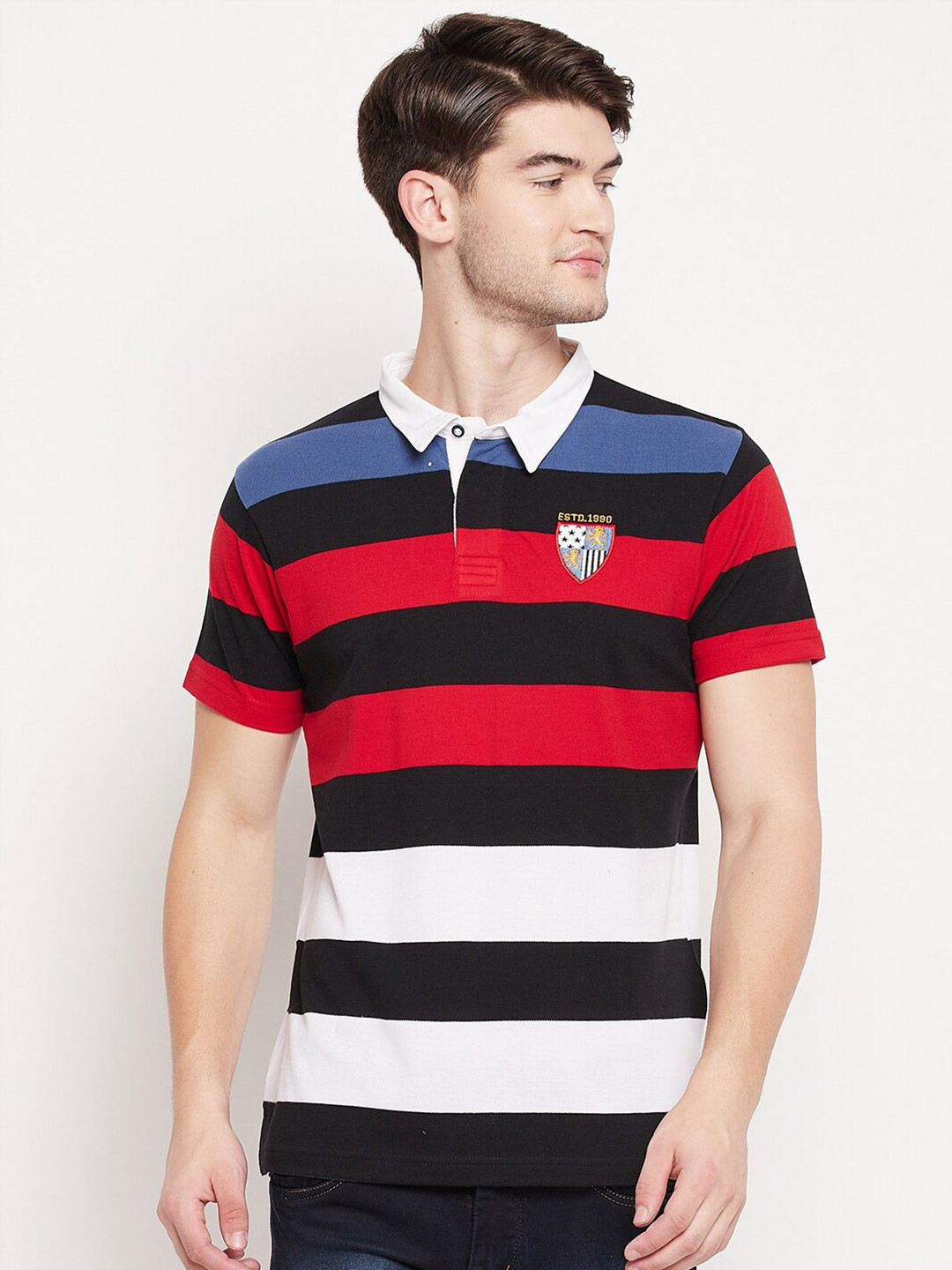 

Duke Men Black Striped Polo Collar Applique Slim Fit T-shirt
