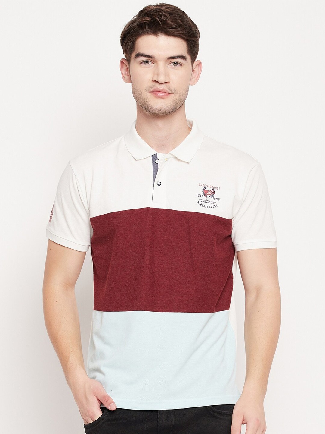 

Duke Men White Colourblocked Polo Collar Slim Fit T-shirt