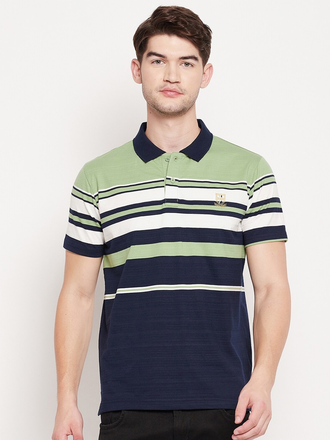 

Duke Men Green Striped Polo Collar Slim Fit T-shirt
