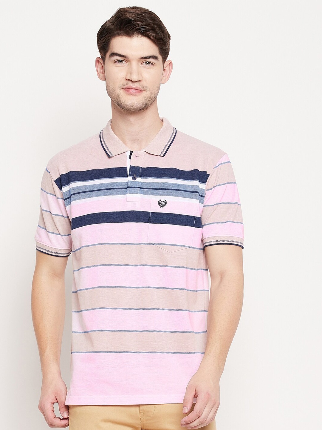 

Duke Men Pink Striped Polo Collar T-shirt