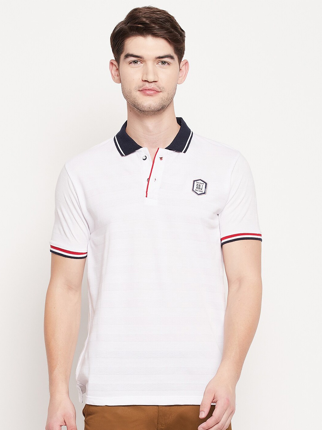 

Duke Men White Polo Collar Applique Slim Fit T-shirt
