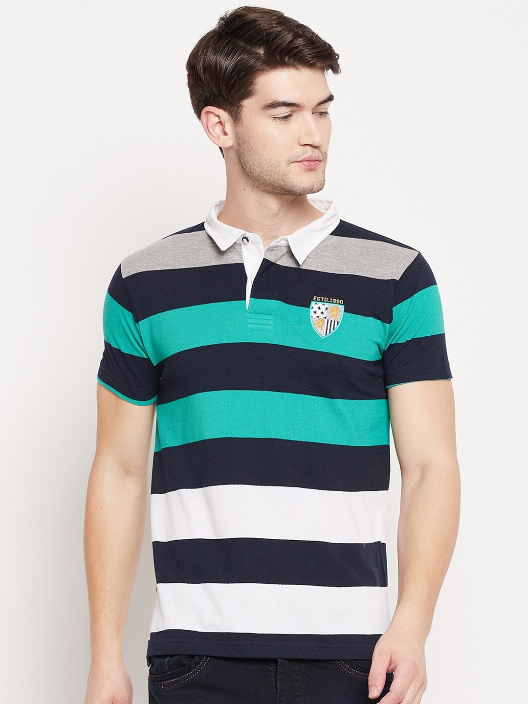 

Duke Men Blue Striped Polo Collar Applique Slim Fit T-shirt