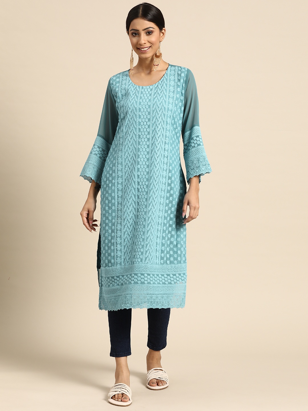 

Sangria Women Blue Chikankari Georgette Kurta