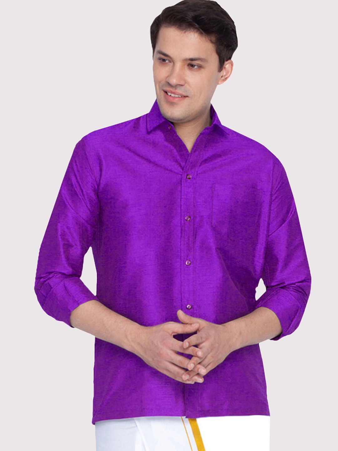 

VASTRAMAY Men Purple Solid Silk Premium Semiformal Shirt