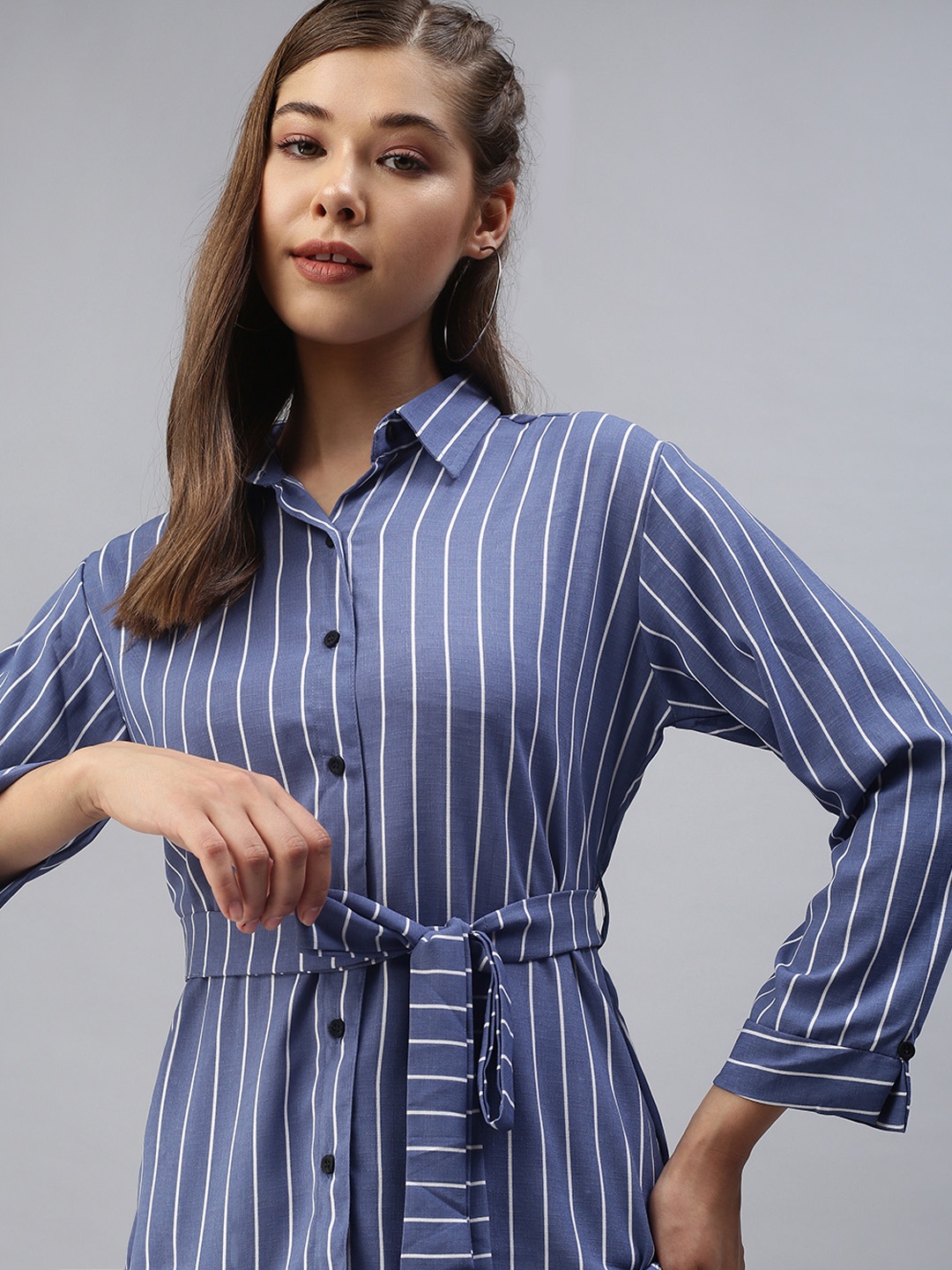 

SHOWOFF Women Blue Comfort Slim Fit Striped Casual Shirt