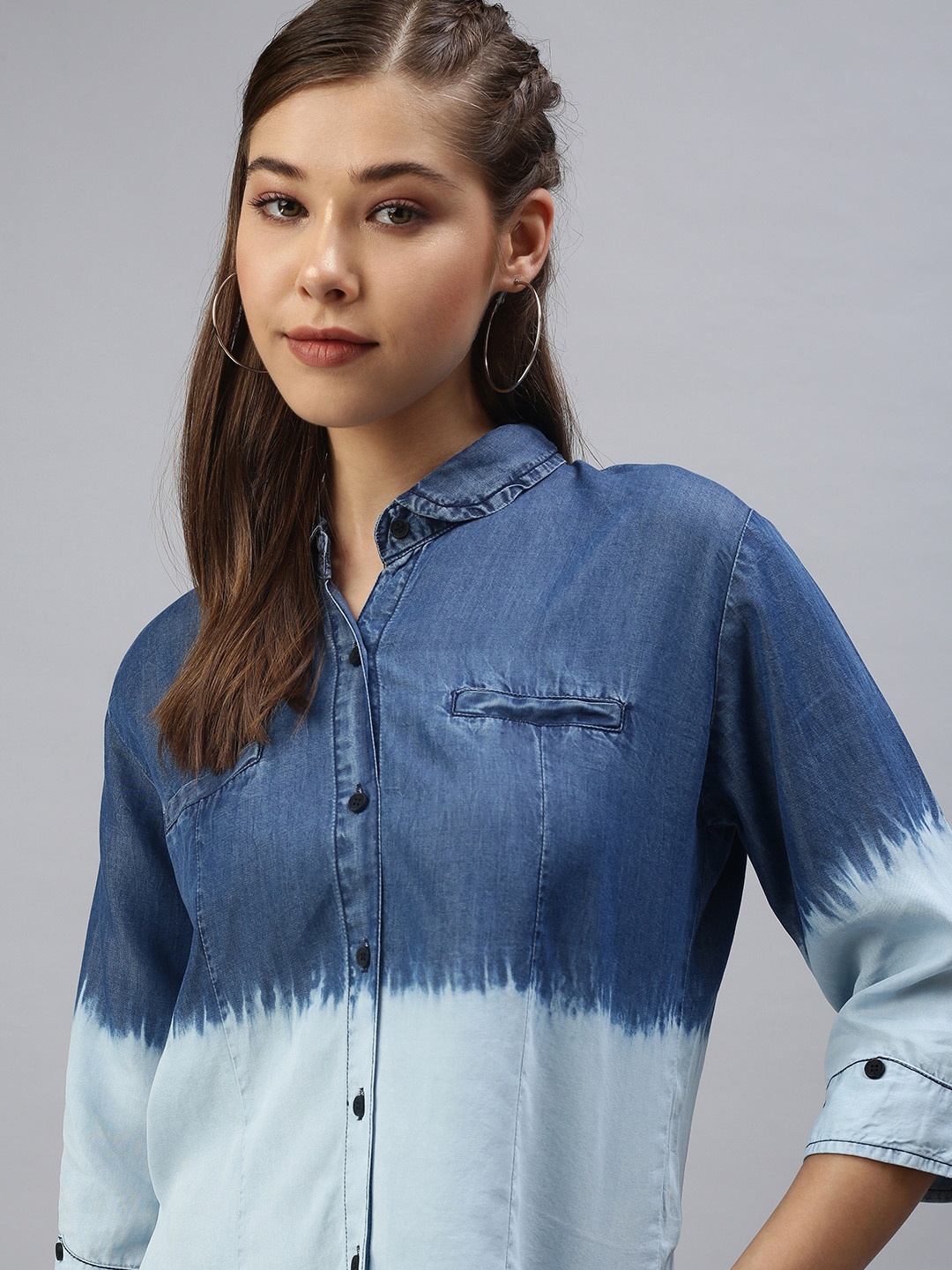 

SHOWOFF Women Blue Relaxed Faded Regular Fit Denim Cotton Casual Shirt