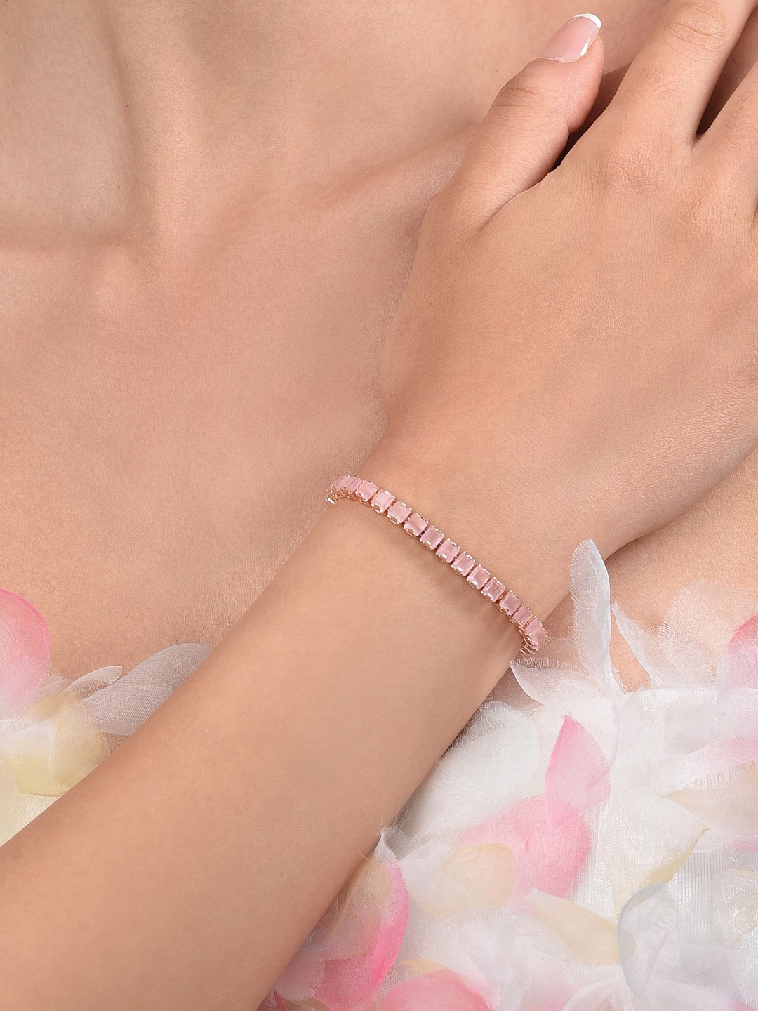 

Zaveri Pearls Women Pink Brass Cubic Zirconia Rose Gold-Plated Wraparound Bracelet