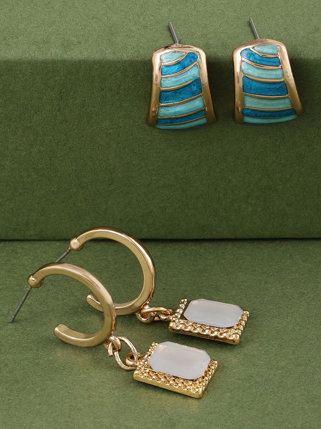

Zaveri Pearls Set of 2 Gold-Toned & Blue Contemporary Drop Earrings