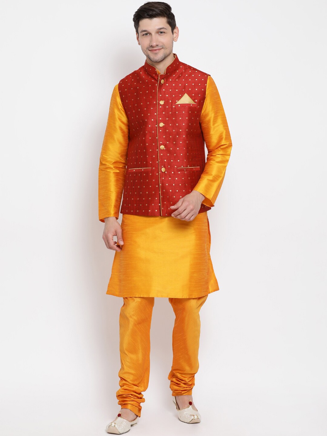 

VASTRAMAY Men Orange & Maroon Silk Blend Kurta with Churidar & Nehru Jacket