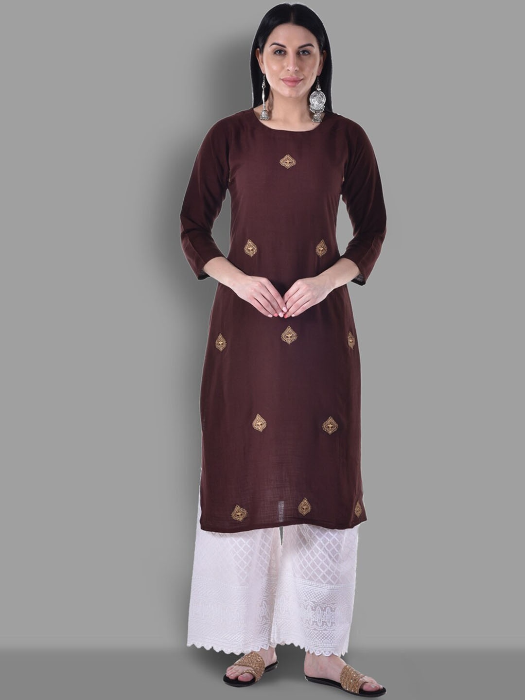 

Ziva Fashion Women Brown Ethnic Motifs Embroidered Keyhole Neck Thread Work Kurta