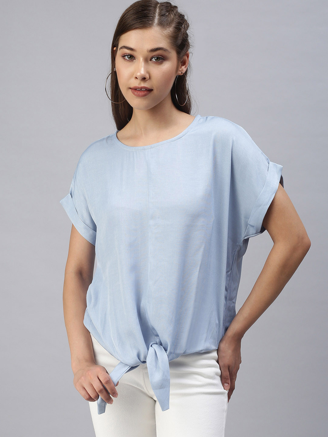 

SHOWOFF Blue Striped Extended Sleeves Denim Boxy Top