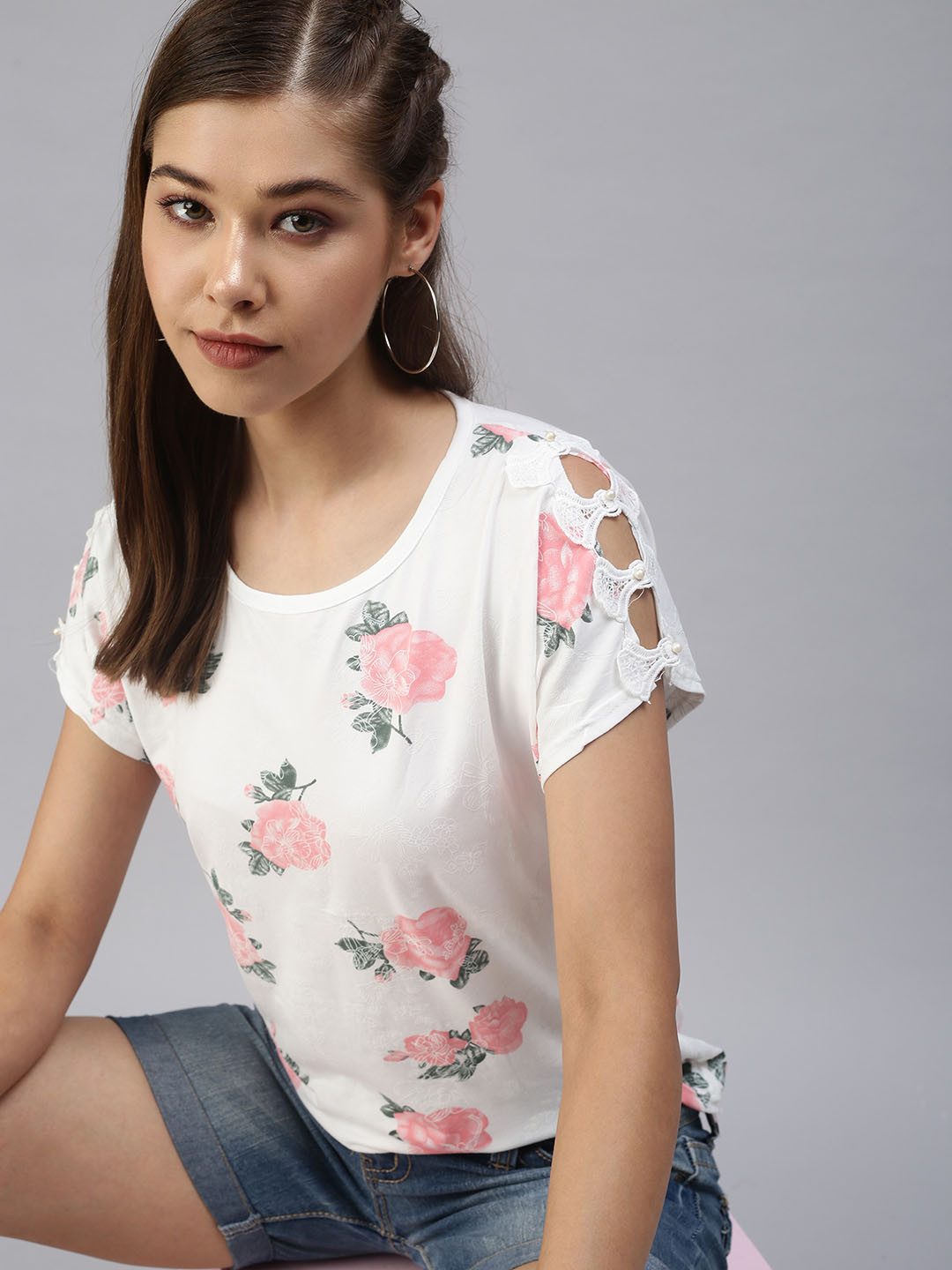 

SHOWOFF White & Pink Floral Print Extended Sleeves Top