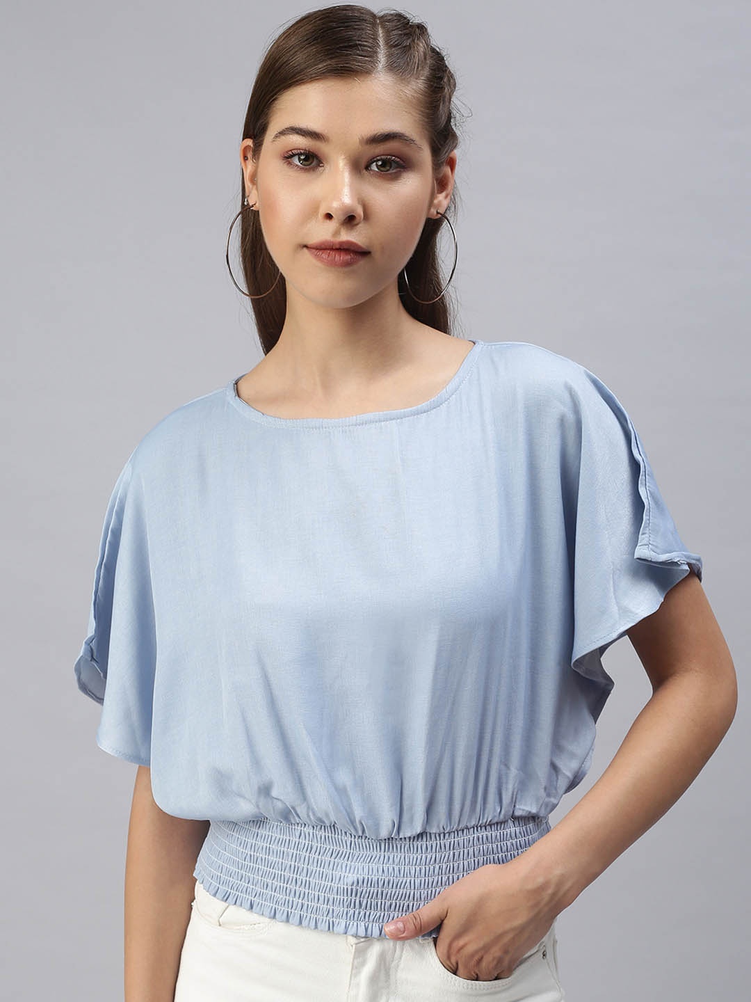 

SHOWOFF Blue Solid Denim Blouson Top