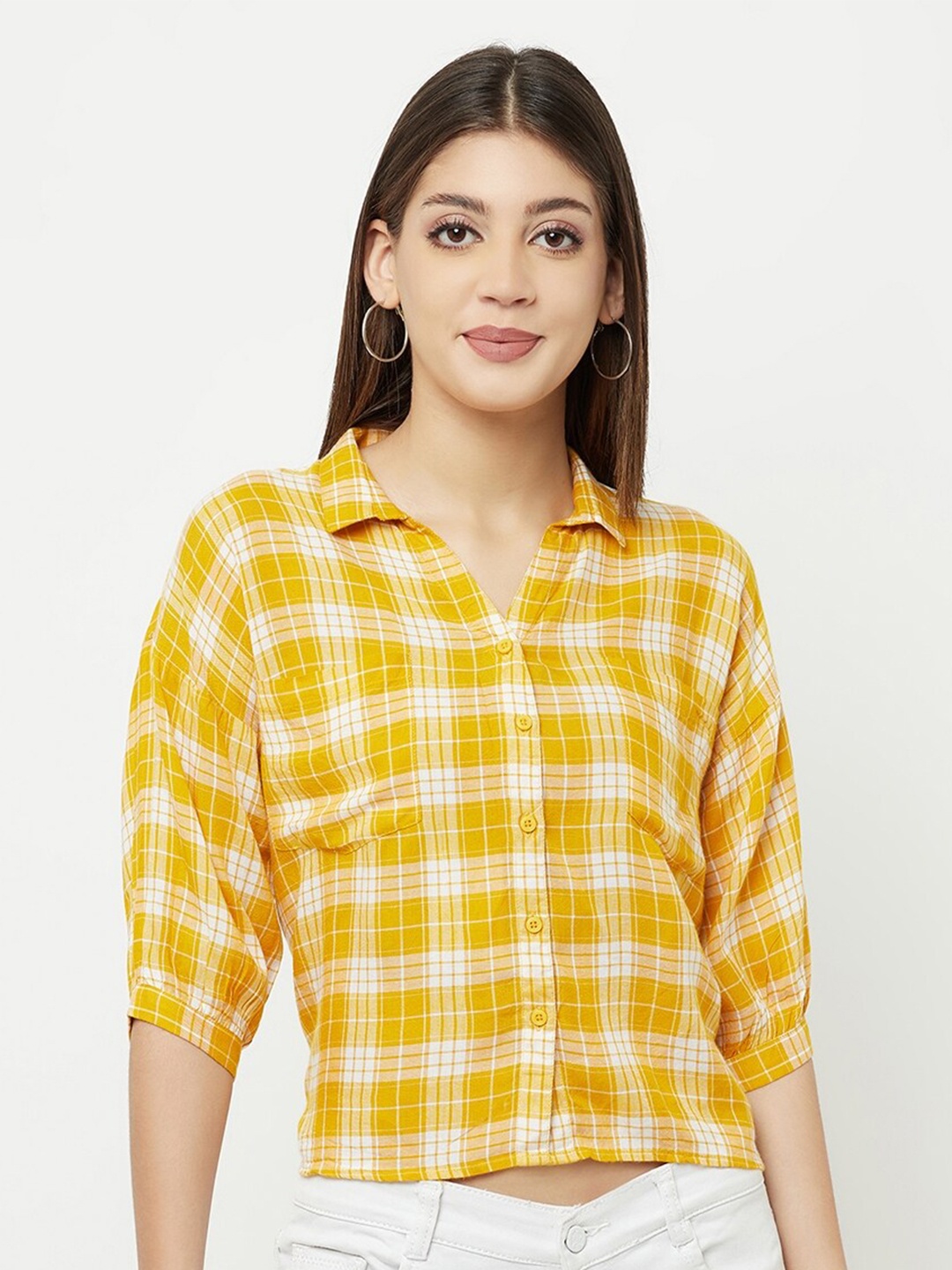 

Crimsoune Club Women Mustard Yellow Slim Fit Tartan Checked Casual Shirt