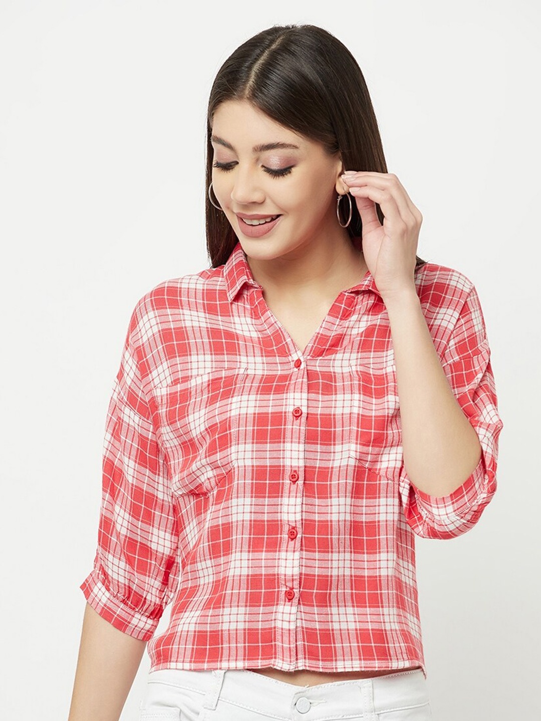 Crimsoune Club Women Red & White Slim Fit Tartan Checked Casual Shirt