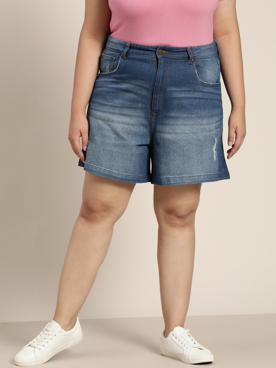 

Sztori Women Plus Size Blue Woven Denim Shorts