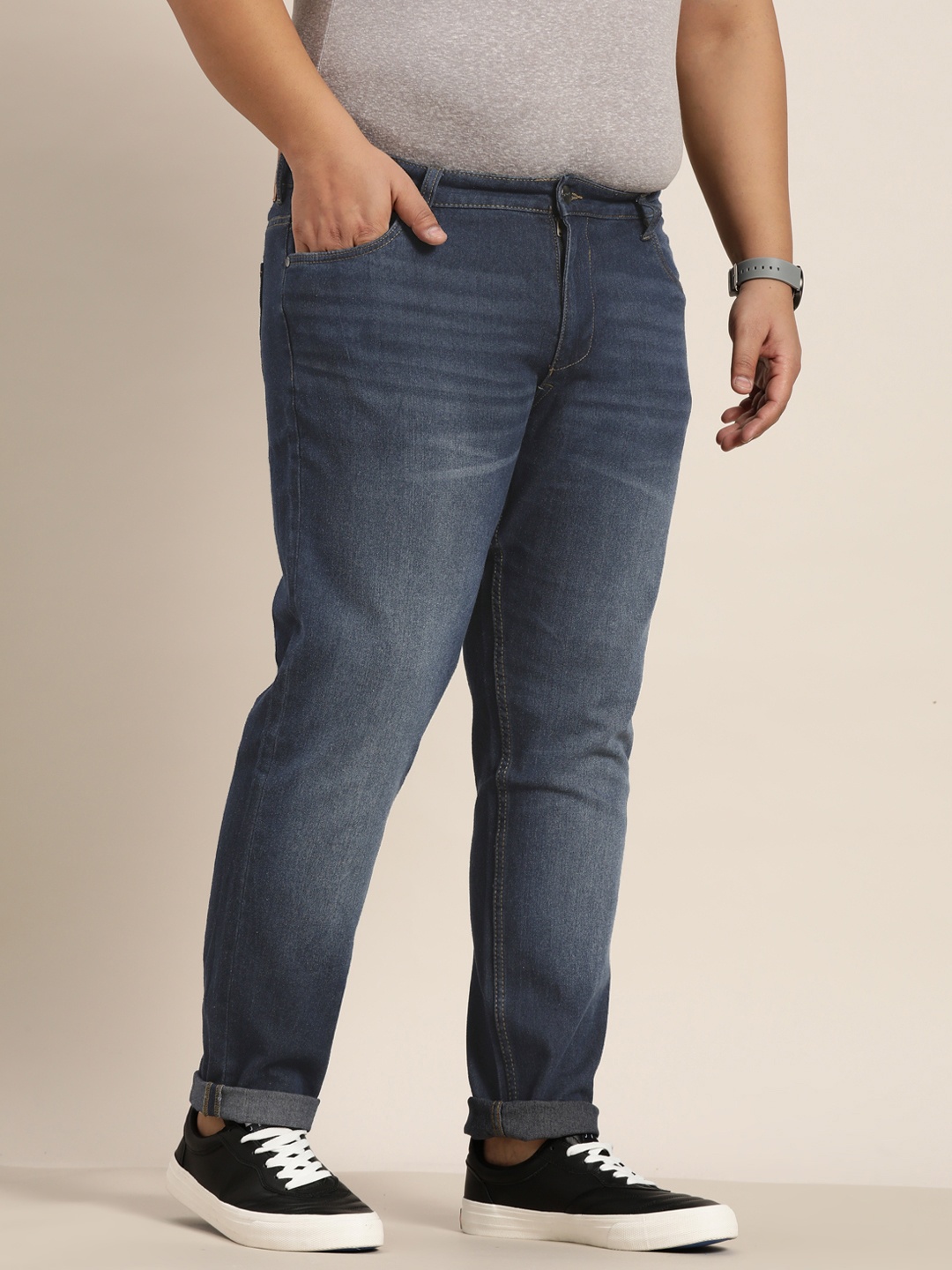 Sztori Men Plus Size Navy Blue Slim Tapered Fit Light Fade Stretchable Jeans