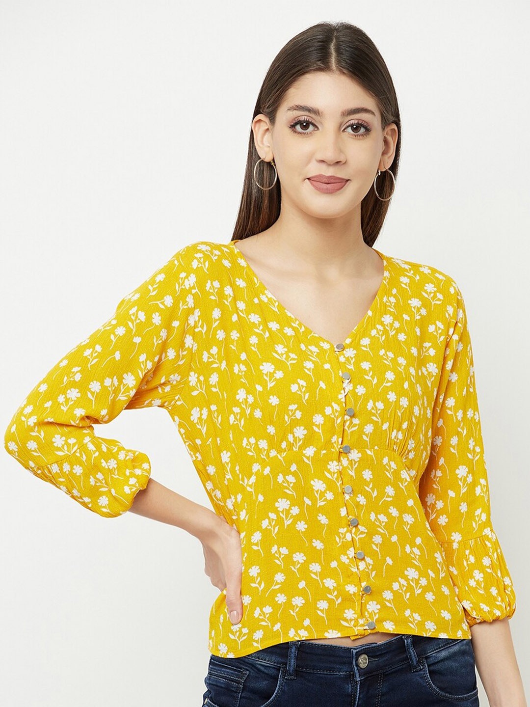 

Crimsoune Club Women Yellow Floral Printed Top
