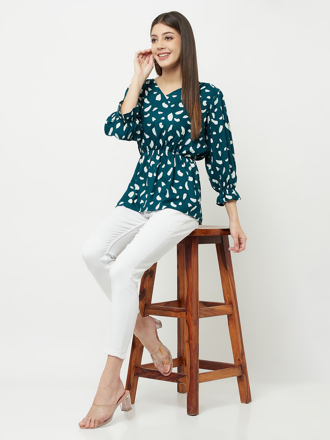 

Crimsoune Club Women Green & White Printed Cinched Waist Top