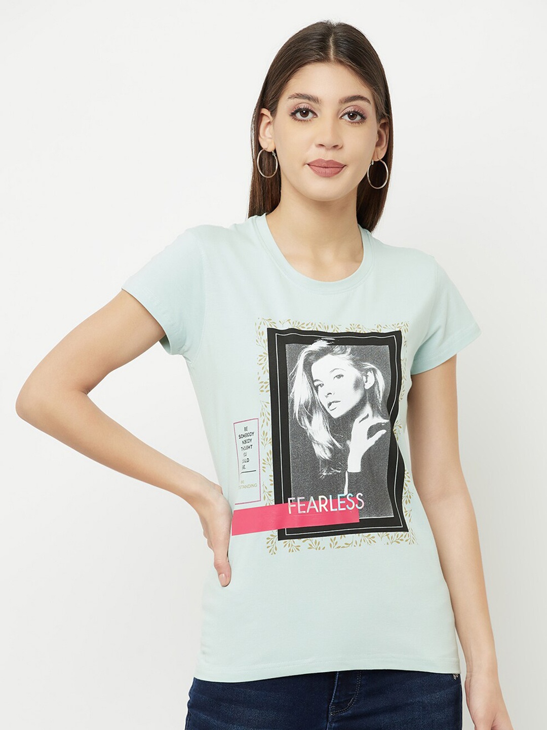 

Crimsoune Club Women Green Printed Slim Fit Cotton T-shirt