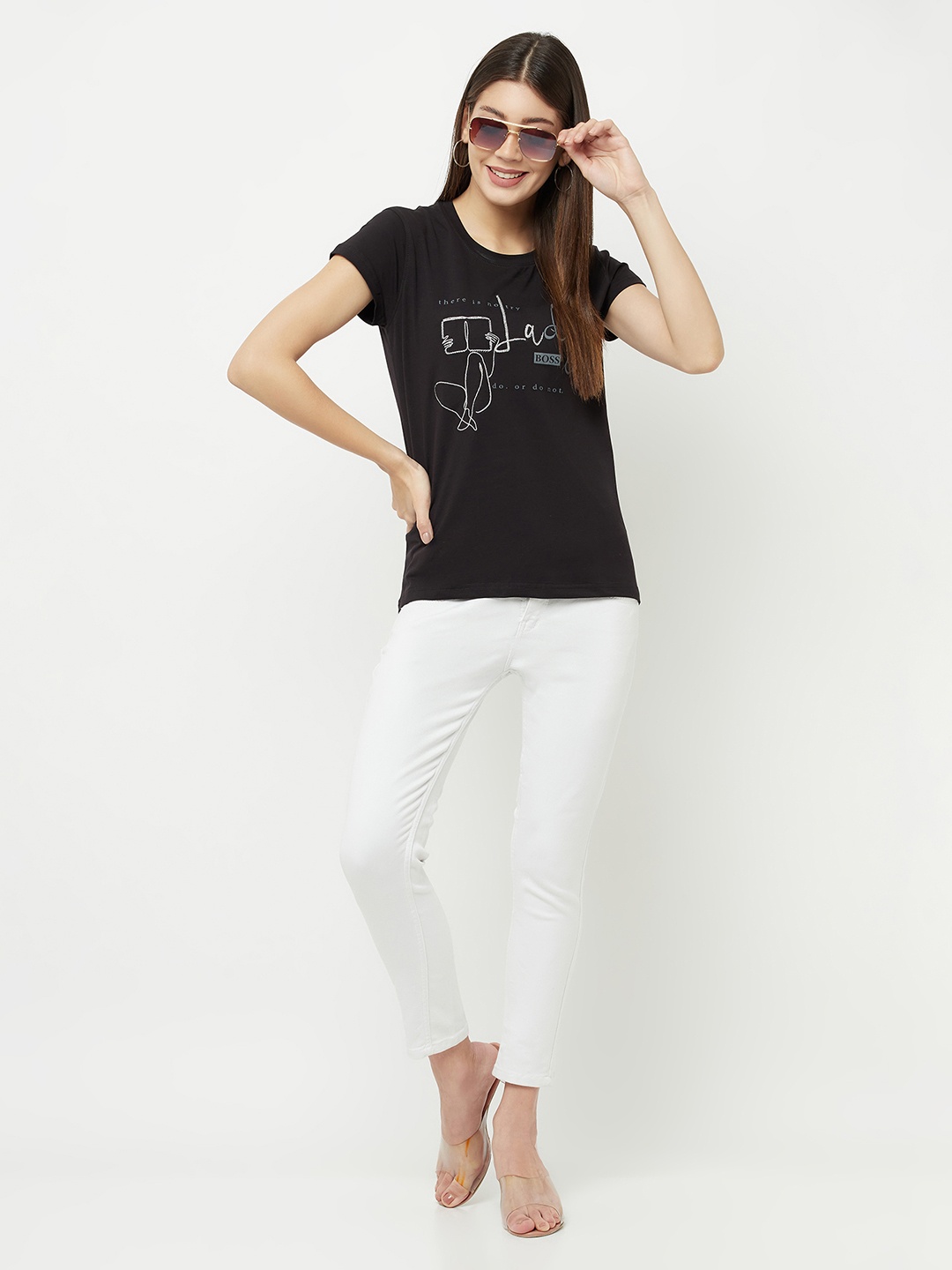 

Crimsoune Club Women Black Typography Printed Slim Fit T-shirt